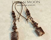 Long Small Boho Copper Earrings with Bead Accents, Rectangle Artisan Dangle Drop Earrings