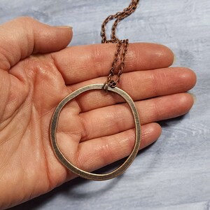 Long Boho Copper Circle Necklace, 28 Inch Antiqued Copper Layering Necklace, Large Pendant Vintage Rustic Style