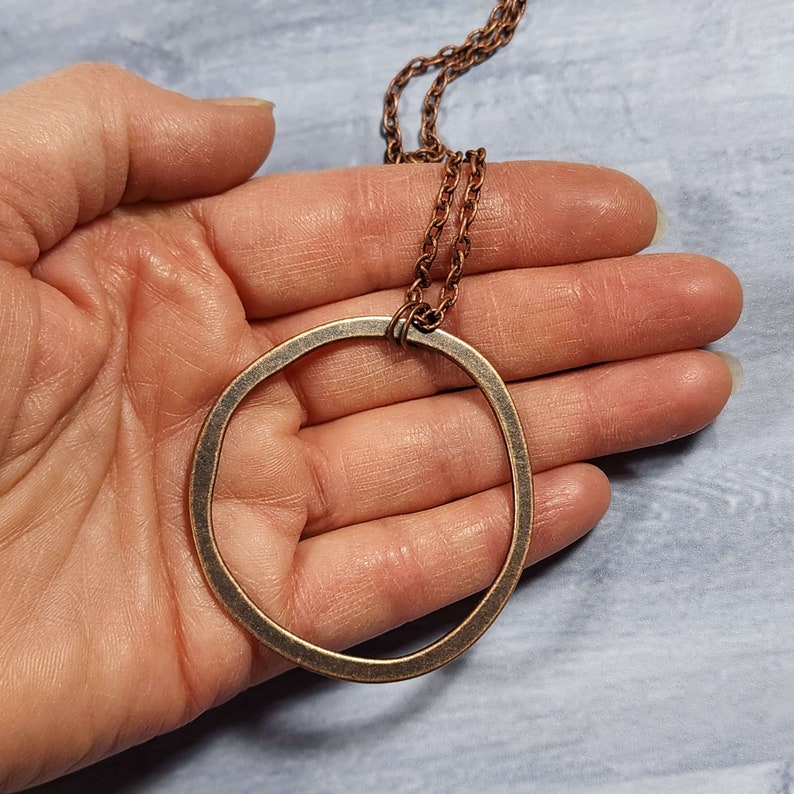 Long Boho Copper Circle Necklace, 28 Inch Antiqued Copper Layering Necklace, Large Pendant Vintage Rustic Style