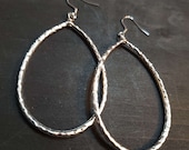 Large Silver Teardrop Hoop Earrings, Big Hammered Silver Earrings, Huge Dangle Earrings Surgical Steel Wires