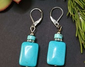 Turquoise earrings, Rectangle, Silver leverback or french wire, Boho Earrings, Blue Dangle Earrings, Jewelry