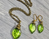 Glass Green Leaf Earrings Necklace, Artisan Earrings, Antiqued Bronze Boho Dangle Earrings