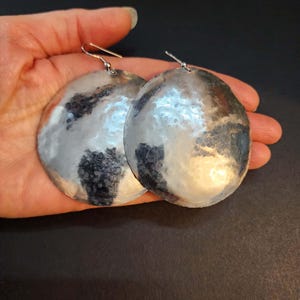 Large Silver Earrings, Choose a Size Circle Disc Hammered Domed Round Dangle Earrings, Lightweight Big Huge Earrings, Steel