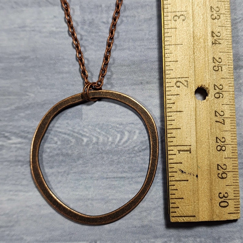Long Boho Copper Circle Necklace, 28 Inch Antiqued Copper Layering Necklace, Large Pendant Vintage Rustic Style