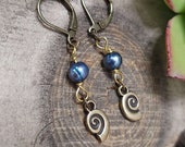 Small Blue Pearl Earrings, Rustic Bronze Spiral Earrings, Handcrafted Dangle Earrings