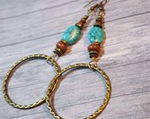 Long Circle Earrings, Boho Beaded Round Hoop Earrings, Turquoise Red Antiqued Bronze Trendy Neutral Dangle Earrings Rustic Handmade Jewelry