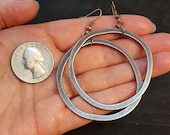 Large Dark Copper Earrings, 51mm Wonky Circles, Big Dangle Hoop Earrings