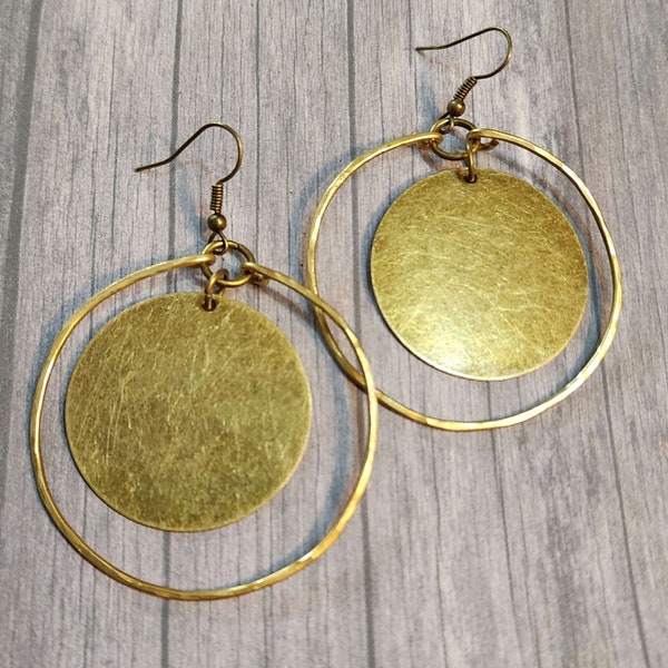 Extra Large Bronze Disc Earrings, Hoop Earrings, Antiqued Brass Circle Earrings, Round Dangle Earrings, Lightweight Earrings