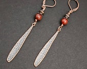 Long Red Teardrop Earrings, Copper Red Jasper Earrings, Stone Beaded