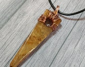 Mens Stone Necklace, Wire Wrapped Triangle Stone Arrow Pendant on Black Leather Cord or Chain. Agate