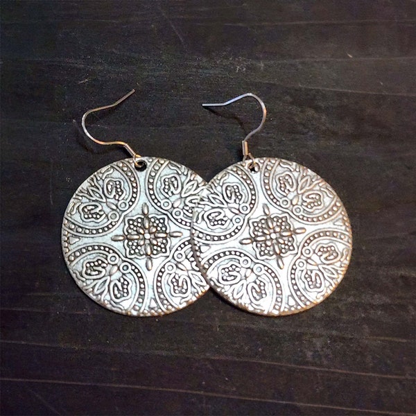 Silver Circle Earrings, 1 Inch Circles, Medallion Dangle Earrings, Stainless Steel Ear Wires, Minimal Silver Earrings