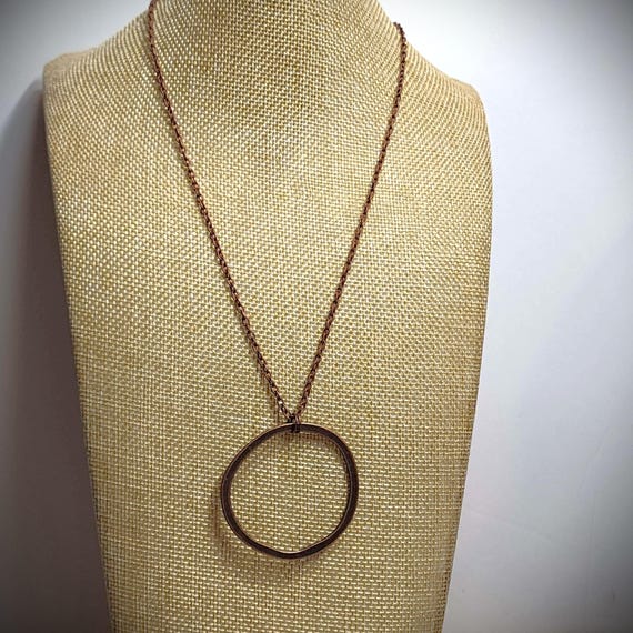 Long Antiqued Copper Circle Necklace: Rustic Boho Pendant