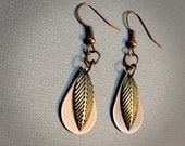 Layered Handmade Copper Teardrop Earrings with Leaf, Dainty Mixed Metal Earrings, Bronze Earrings