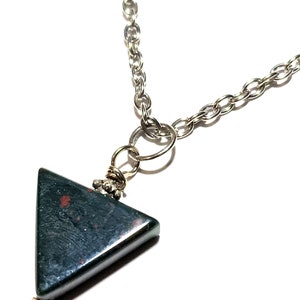 Green Bloodstone Triangle Necklace Silver Chain, Minimalist India Bloodstone Pendant Protection Amulet Jewelry
