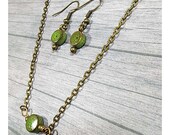 Minimal Green Disc Choker, Simple Bronze Bead Necklace, Minimal Bead Necklace, Antiqued Brass, Stacking Necklace