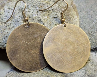 Large Bronze Disc Earrings, Antiqued Brass 33mm Circle Earrings, 1.3 Inch Round Dangle Earrings, Lightweight Earrings