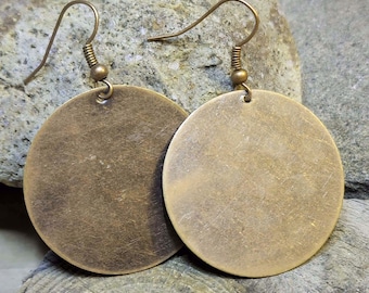 Large Bronze Disc Earrings, Antiqued Brass 33mm Circle Earrings, 1.3 Inch Round Dangle Earrings, Lightweight Earrings