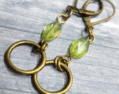 Faceted Peridot Handmade Earrings, Antiqued Bronze Bead Hoop Earrings, Boho Dangle Earrings for Women August Birthstone Green