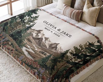 Personalized National Park Woven Blanket Outdoorsy Couple Wedding Gift Forest Scene Adventurous Hiking Cotton Anniversary Wildflower Names