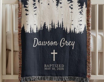 Personalized Baptism Blanket for Boy Christening Keepsake Godson Gift Cotton Throw Baby Dedication Newborn Nephew Gift Pine Forest Nursery