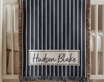 Personalized Navy Stripe Baby Blanket Custom Name Newborn Gift Baby Shower Classic Preppy Nursery Decor Striped Heirloom Woven Cotton Throw