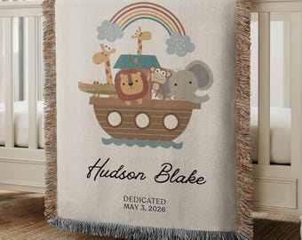 Custom Noah's Ark Woven Blanket Baptism Gift Personalized Baby Name Christening Gift Boy Girl Baby Dedication Heirloom Keepsake Cotton Throw