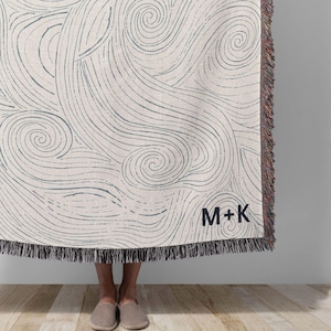 Couples Initials Blanket Monogram Beach Wedding Blanket Blue Ocean Wave Engagement Gift Cotton Woven Throw Couple Anniversary Keepsake