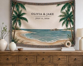 Coperta per matrimonio in spiaggia, personalizzata con i nomi degli sposi, coperta per fidanzamento, arazzo in cotone intrecciato a tema costiero, regalo per matrimonio in una destinazione esotica, coperta con palme