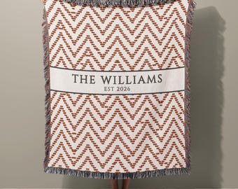 Personalized Family Name Blanket Custom Established Year Cotton Woven Throw Housewarming Gift for Couple Realtor Closing Gift New Home