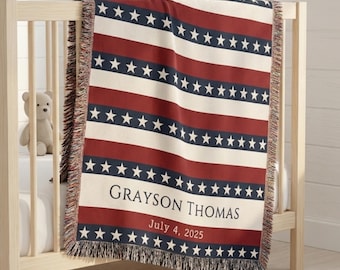 Copertina per neonati a tema patriottico per il 4 luglio, personalizzata con nome, in cotone intrecciato, ricordo speciale per la cameretta, con bandiera americana, stelle e strisce, 250° anniversario.