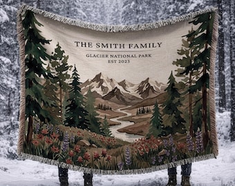 Custom Woven National Park Blanket, Personalized Family Name Throw Est Year Mountain Cabin Decor Christmas Gift for Parents
