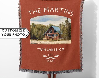 Custom Woven Photo Blanket Cabin Gift Personalized Grandma Lake House Decor Throw Family Name Heirloom Keepsake Rustic Tapestry Custom Cabin