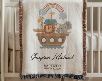 Coperta da battesimo personalizzabile con l'Arca di Noè, regalo per battesimo bambino, coperta tessuta con nome personalizzato, coperta per battesimo con animali arcobaleno, dedicazione del bambino