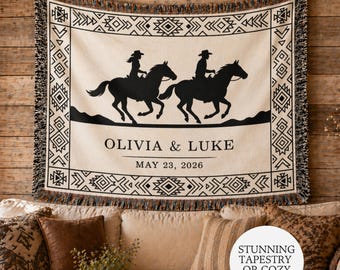 Personalized Cowboy Cowgirl Horse Couple Woven Blanket Western Wedding Anniversary Tapestry Woven Throw Ranch Gift Custom Names Couples Gift