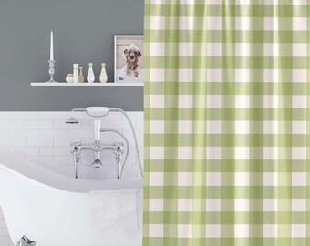 Green Buffalo Check Shower Curtain Cottage Style Gingham Bathroom Decor Washable Fabric Kids Bathroom