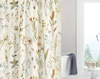 Wildflower Shower Curtain Fabric Boho Botanical Bathroom Decor Watercolor Floral Cottagecore Bath Curtain Nature Inspired Bath Accessories