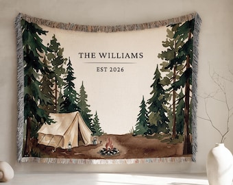 Camping Couples Woven Blanket Personalized Names Outdoorsy Couple Wedding Gift Cotton Anniversary Throw Forest Engagement Gift National Park
