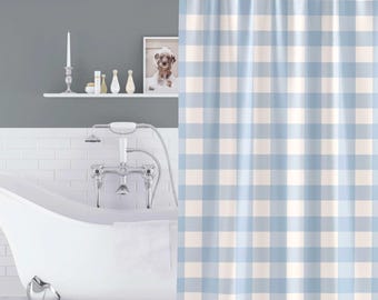 Cortina de chuveiro xadrez vichy azul e branca, estilo preppy, decoração de banheiro, cortina de chuveiro estilo fazenda, tecido para banheiro campestre, design costeiro, xadrez búfalo.