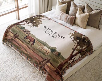 Horse Blanket Personalized Western Couple Gift Wedding Ranch Custom Names Cotton Woven Throw Cowgirl Cowboy Anniversary Farmhouse Tapestry