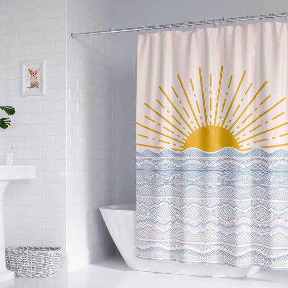 Boho Shower Curtain Modern Coastal Chic Decor Beach House Teen Bathroom Decor Abstract Waves Art Ocean Bath Curtain Sunrise Sunset Design