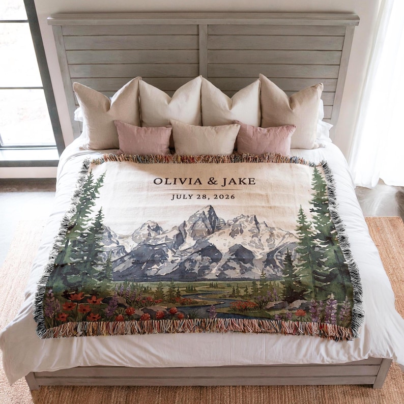 Personalized Grand Teton Woven Blanket National Park Couples Wedding Gift Custom Names Wyoming Jackson Adventurous Hiking Cotton Anniversary