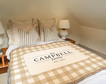 Personalized Family Name Blanket Buffalo Check Plaid Woven Throw Last Name Blanket Anniversary Gift Housewarming Gift Cotton Farmhouse Decor