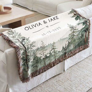 Outdoorsy Couples Blanket with Names Nature Lovers Engagement Gift Forest Wedding Cotton Anniversary Mountain Theme Camping Lovers Gift