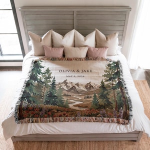 Personalized national park woven blanket with couples names and wedding date, wildflower mountain scene, outdoorsy couple gift