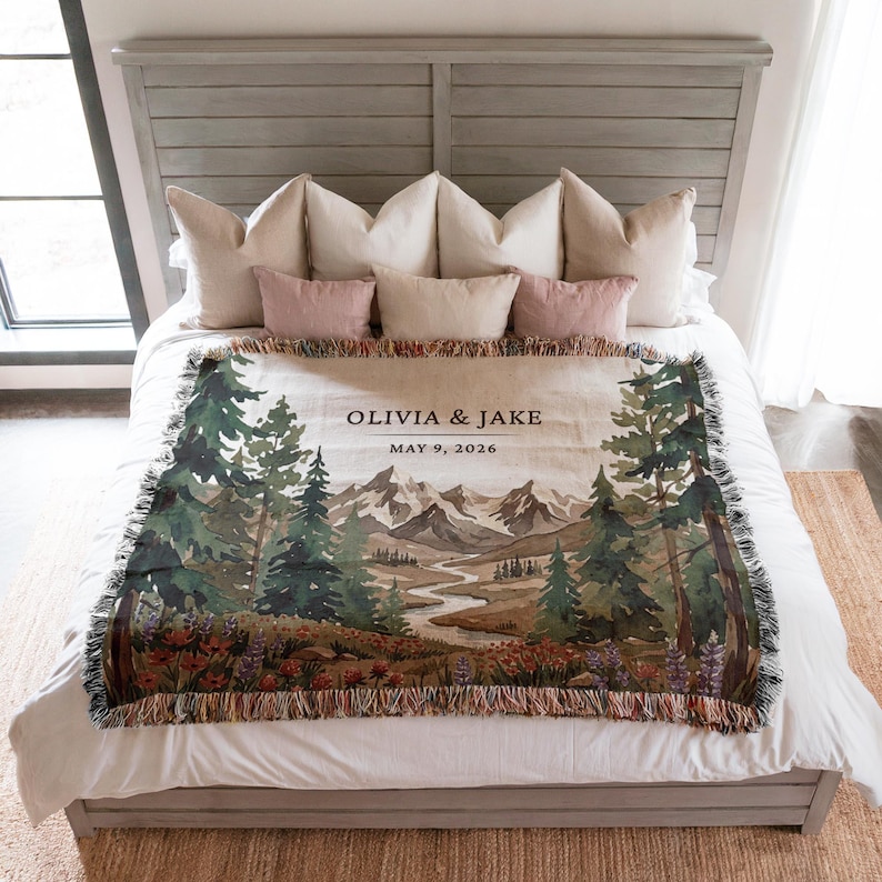Personalized national park woven blanket with couples names and wedding date, wildflower mountain scene, outdoorsy couple gift