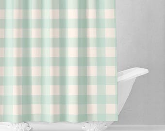 Aqua Gingham Shower Curtain Coastal Cottage Kids Bathroom Decor Washable Fabric Blue Green Buffalo Check