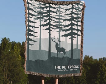Personalized Deer Woven Blanket Rustic Cabin Gift Lake House Cotton Woven Throw Family Name Rustic Decorating