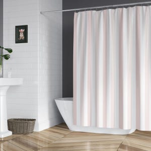 Contemporary Home Accessories Pink Stripe Shower Curtain Blush Bathroom Collection Modern Design Wedding Gift Package Water Resistant Material Premium Construction Master Bath Essential Beautiful Vertical Pattern Elegant Style Decor Set