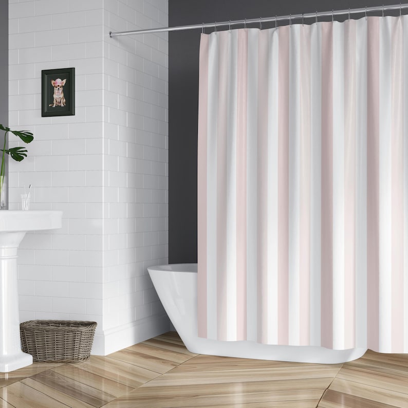 Contemporary Home Accessories Pink Stripe Shower Curtain Blush Bathroom Collection Modern Design Wedding Gift Package Water Resistant Material Premium Construction Master Bath Essential Beautiful Vertical Pattern Elegant Style Decor Set