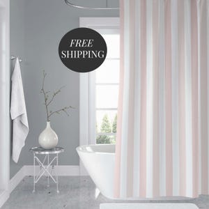 Blush Bathroom Collection Contemporary Shower Curtain Pink White Stripe Design Wedding Gift Package Modern Home Decor Water Resistant Material Premium Construction Master Bath Essential Elegant Style Vertical Pattern Beautiful Accessories